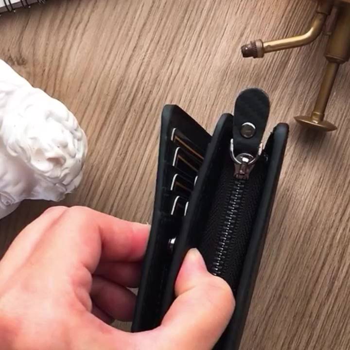 【喜番屋】真皮碳纖維牛皮RFIDL型零錢包【LH865】