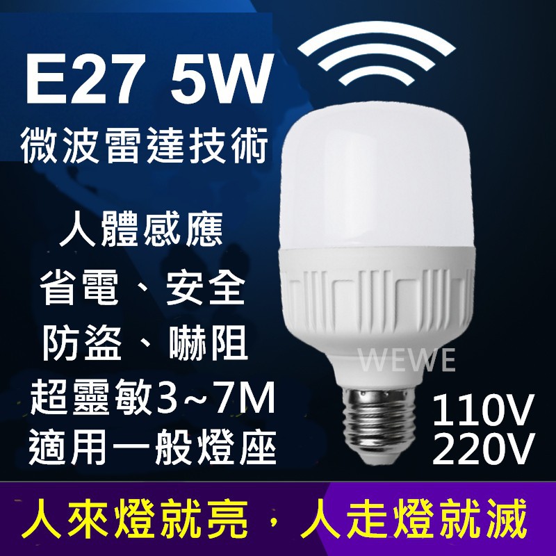 e27 7w led 微波雷達 人體感應智慧燈泡 車庫走廊 感應燈 紅外線感應燈座 防盜、警示、照明、無線、節能很省電