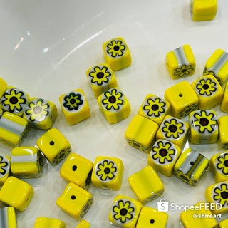 尼泊爾進口 正品 純手工超美黃色小花 方型糖果造型 千花琉璃珠 耳環手鍊專用 DIY 手作材料