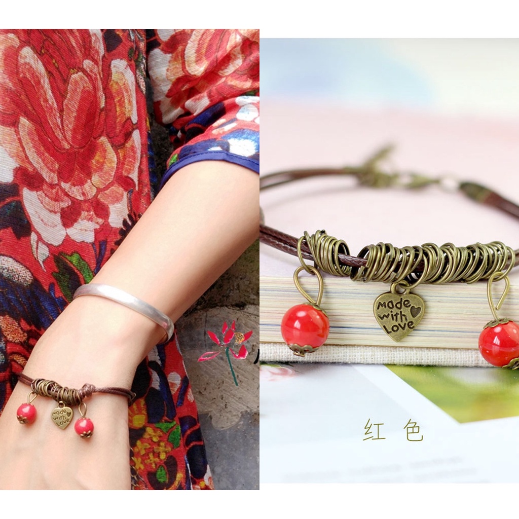 台灣現貨 貓熊繽雰 波希米亞心形戀愛心情吊墜藏族手環 手工陶瓷編繩文藝首飾原創中國民族風彩色瓷珠紅色珠子櫻桃手鏈女紅