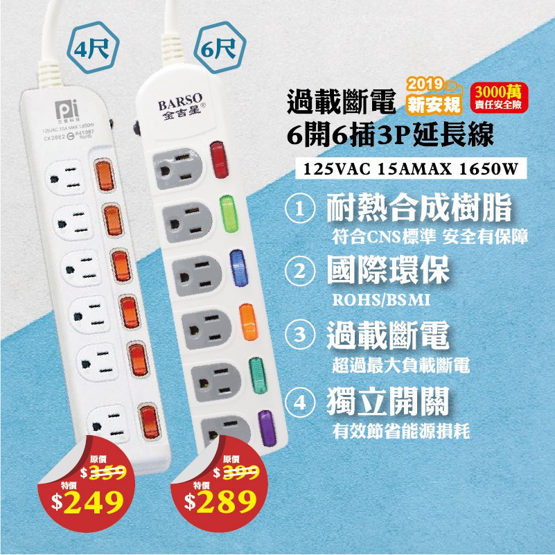 最新安規限量特價 台灣製造過載斷電6開6插3孔延長線 4尺 約1公分 6尺 約180公分 Ld297 蝦皮購物