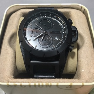 ⌚️Fossil 霧面黑色金屬錶面皮革皮帶三眼計時腕錶.全新正品