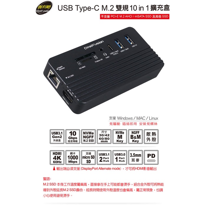 ★摩兒電腦☆伽利略 USB Type-C M.2 雙規 10 in 1 擴充盒 CM073 讀卡機 GIGA網路 MAC
