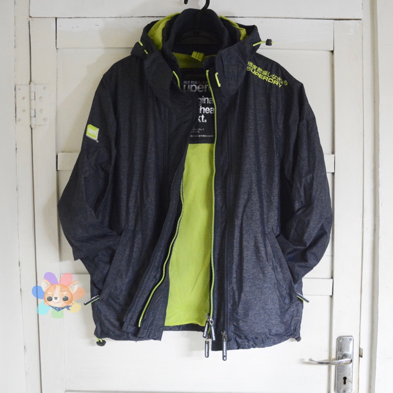 Cyuan現貨 Superdry Jacket 極度乾燥 藍灰底蘋果綠內裏 三層拉鍊 內裏網狀材質 風衣外套
