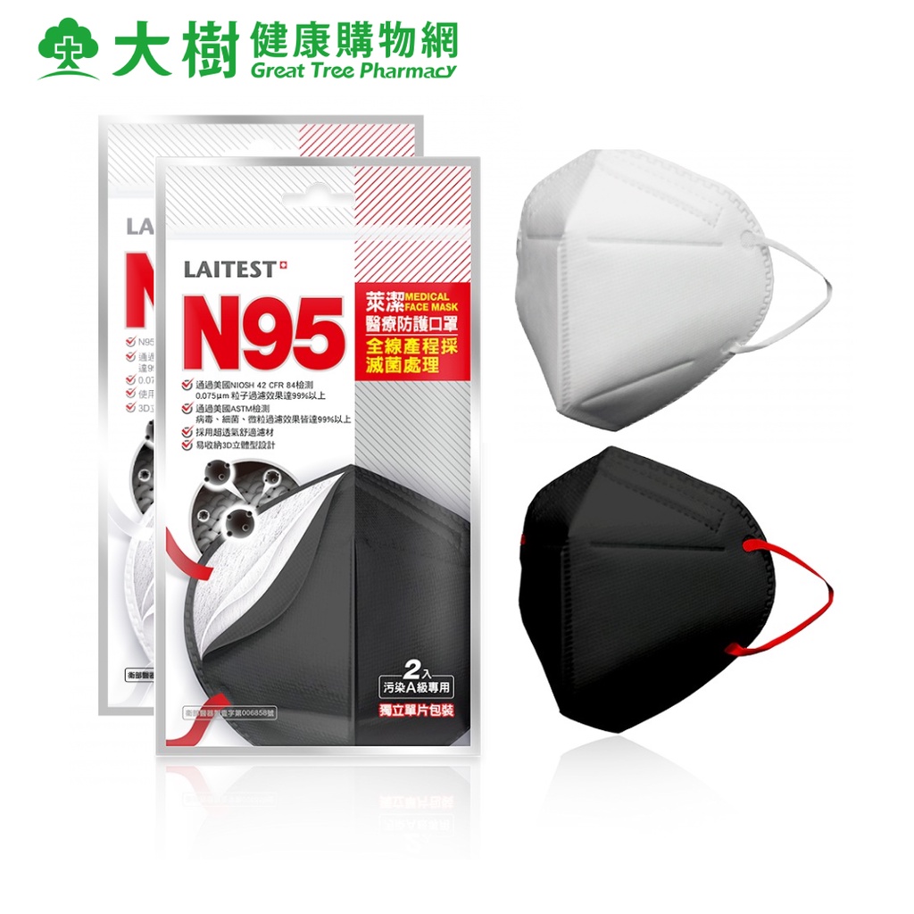 萊潔 N95醫療防護口罩(A級空汙專用) 2片/包 白色/曜石黑 大樹