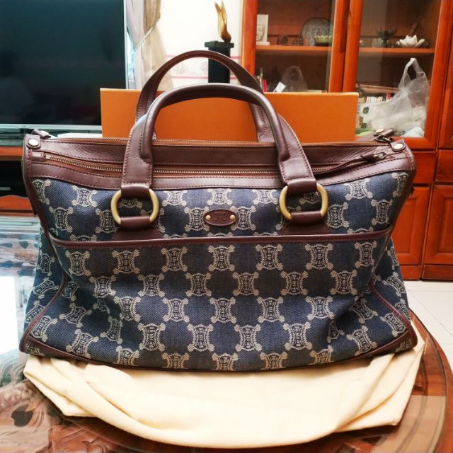 真品 Celine vintage 牛仔丹寧 老花 凱旋門 LOGO 手提包 波士頓包 牛仔包 旅行袋