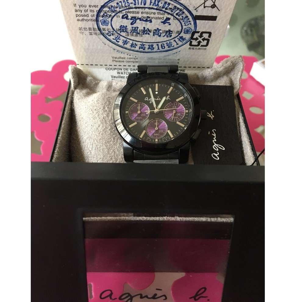 小 b~全新agnes b專櫃公司貨有保固 黑紫色三眼經典款精工手錶