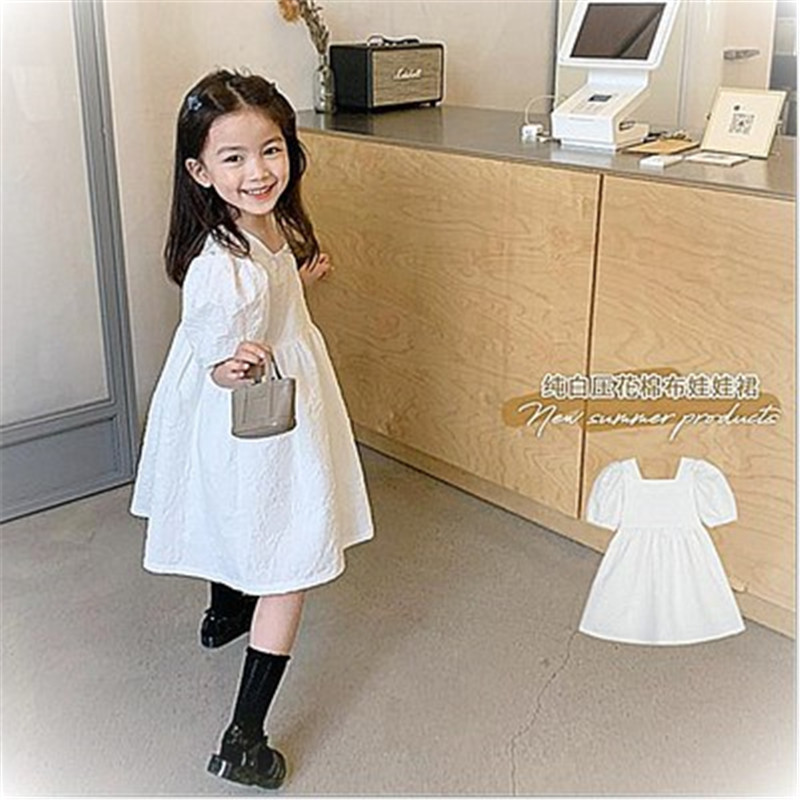 [哆蕾咪] 現貨 韓版女童方領白色復古洋裝 夏季新款法式氣質連身裙 女童夏季洋裝 女童短袖洋裝 女童白色洋裝 女童洋裝