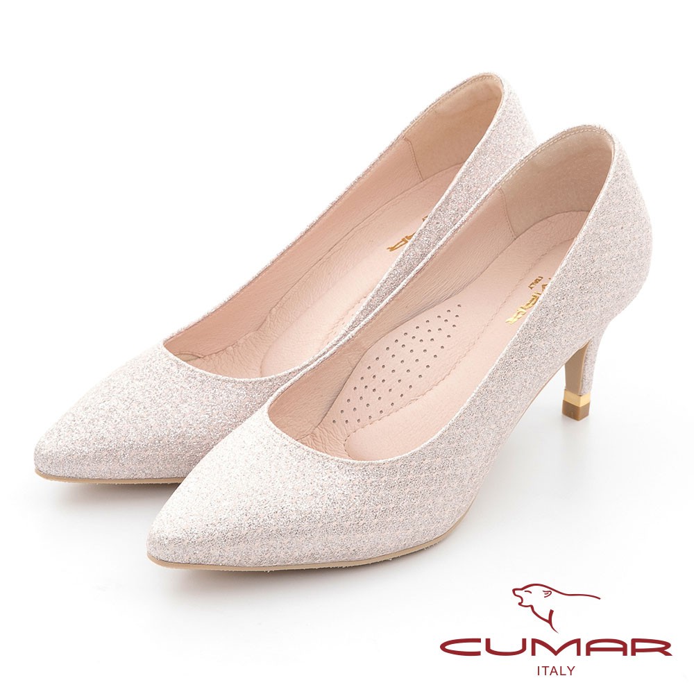 【CUMAR】尖頭閃耀花紋金屬裝飾高跟鞋 - 粉金色