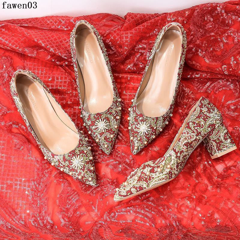 秀禾鞋婚鞋女新款中式敬酒鞋紅色結婚高跟鞋粗跟秀禾服新娘鞋 蝦皮購物