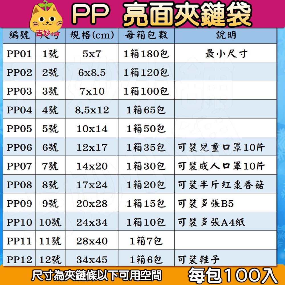 整箱 PP 夾鏈袋  1號 ~ 12號 【吉妙商店】夾鏈袋 7號 10號 11號 8號 收納袋