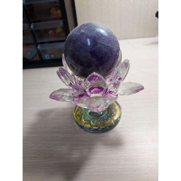 虎牙紫水晶球 蓮花玻璃座