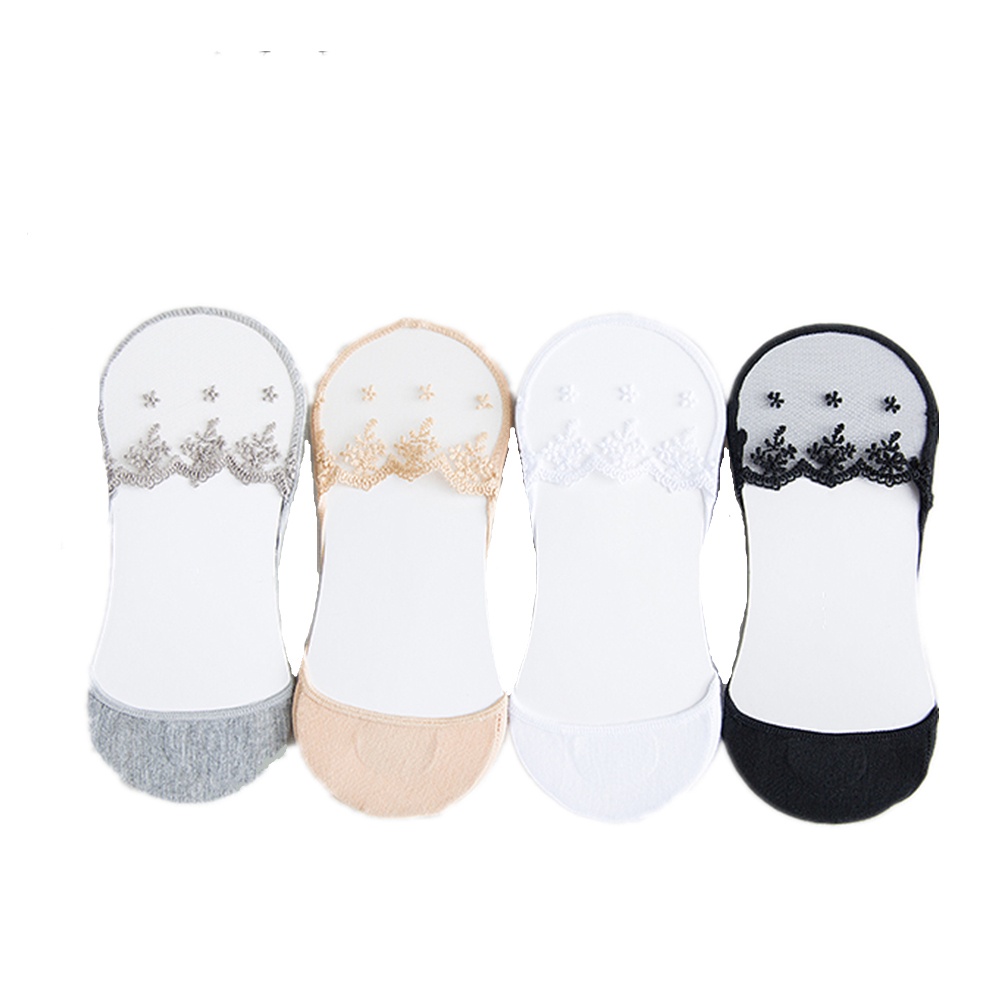 蕾絲船襪腳尖透明刺繡女襪子 淺口隱形防滑襪套夏季薄款襪套白板