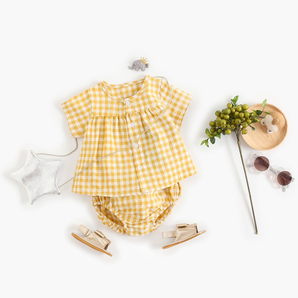 Sanlutoz 可愛日系純棉女寶寶格紋上衣+三角短褲兩件套套裝 夏季短袖  舒適透氣