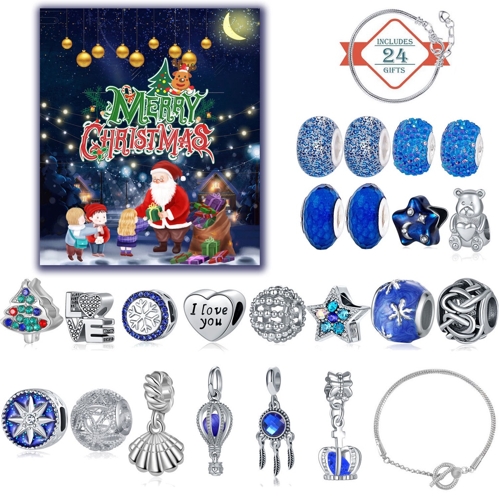 藍色系耶誕節倒數日曆禮盒套裝 diy串珠手環 夢幻星空手鍊禮物