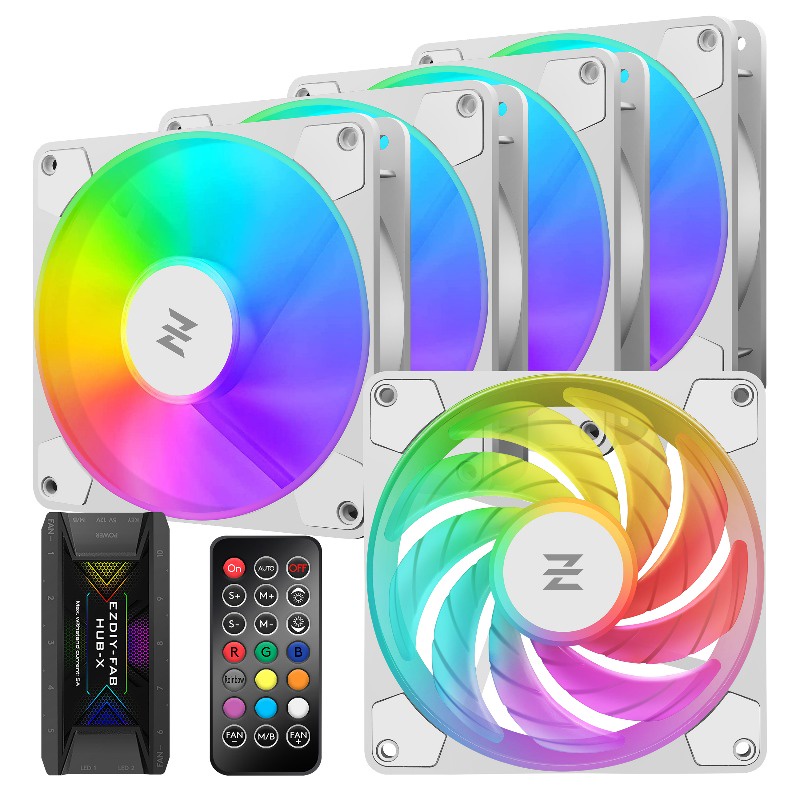 EZDIY-FAB RGB120mm電腦散熱風扇，5V 3PIN主板同步，高性能且智慧溫控靜音，白色散熱風扇-5顆&1顆