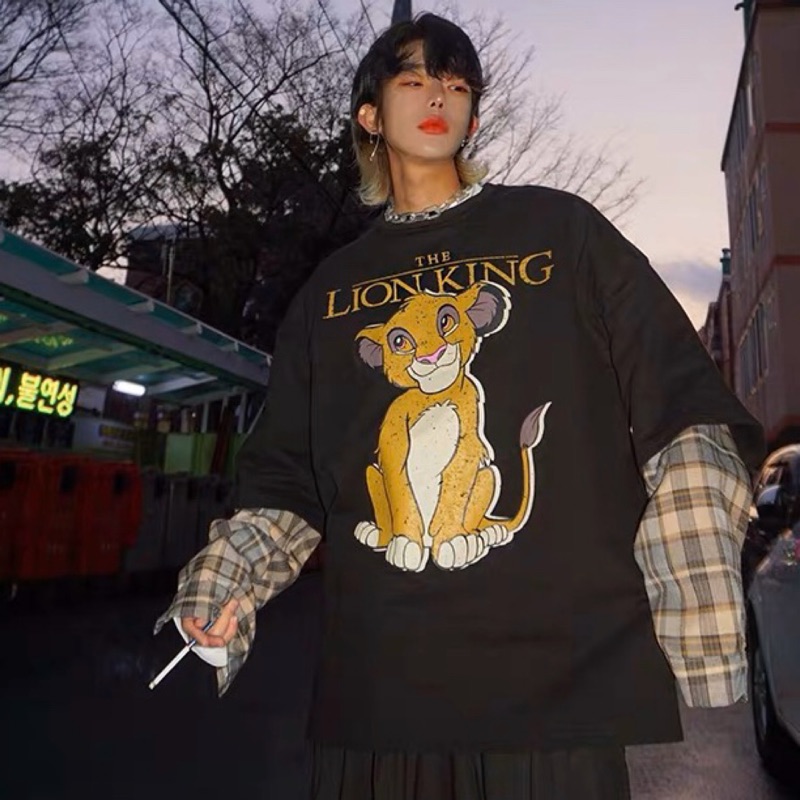 迪士尼動畫獅子王t Shirt 拼接袖子格紋格子復古美式休閒黑色白色vintage Disney 蝦皮購物