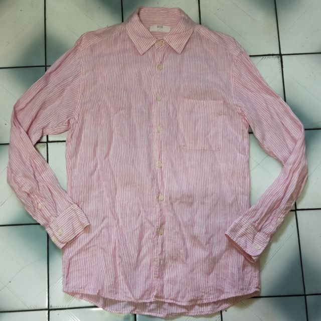 &lt;三件250專區&gt; UNIQLO 亞麻材質  薄款 條紋長袖襯衫 粉紅色 春夏適合-M size