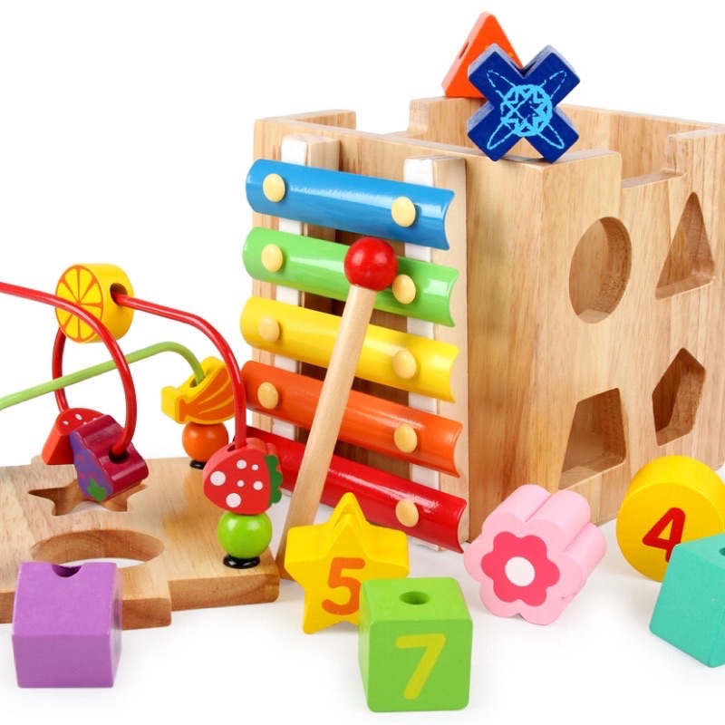 木製串珠多功能四面百寶箱智力盒早教益智兒童玩具  蒙氏