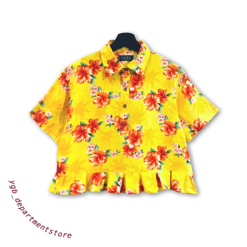 🌞vintage🌞USPA polo黃色扶桑花改製古着半開釦襯衫上衣(๑•ૅㅁ•๑)美式日系復古辣妹個性