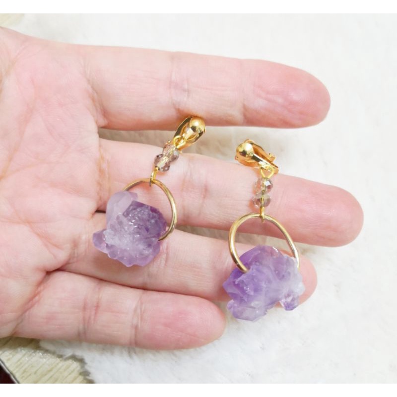 正能量天然石紫水晶夾式耳環(可改耳針式)