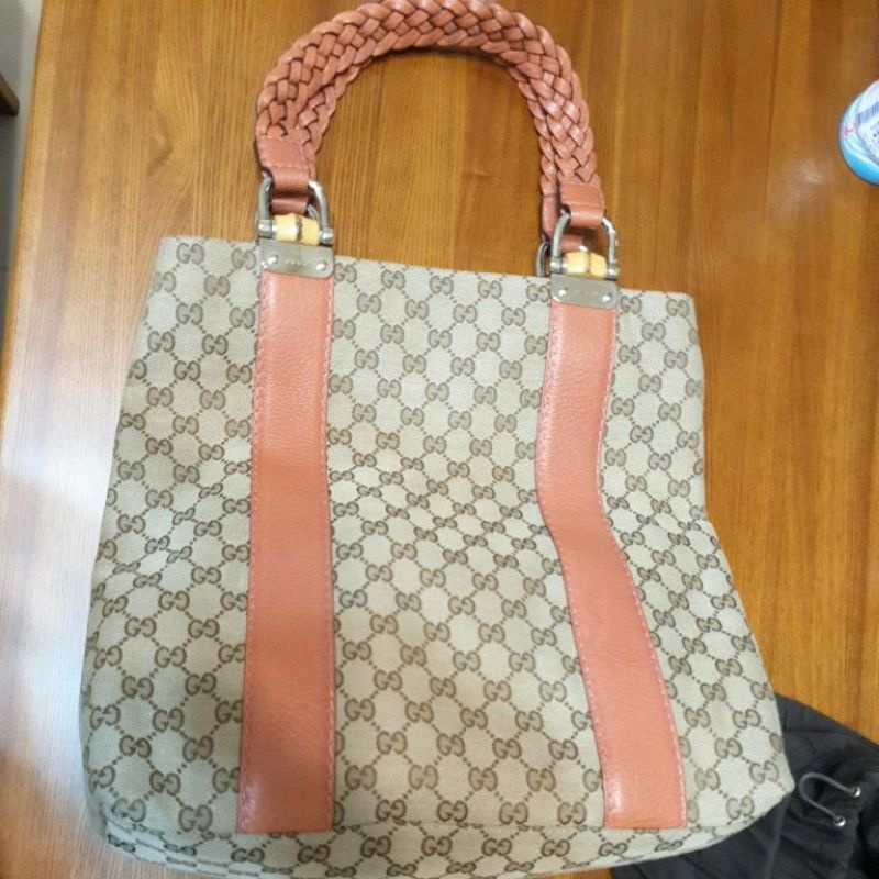 Gucci 正品專櫃經典竹節編織背帶肩背托特包