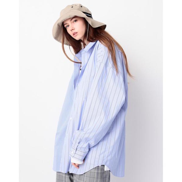 【二手】YU SELECT-優選 monkey time M號 淡藍色拼接條紋寬版長袖襯衫