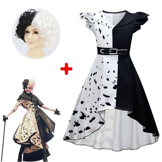 101忠狗黑白魔女库伊拉cosplay服装 Cruella De Vil 角色扮演服裝黑色白色萬聖節派對服裝女孩假髮