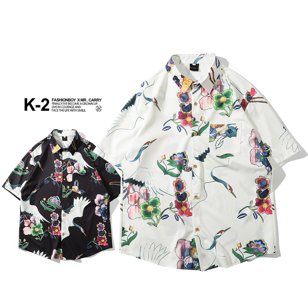 【K-2】手繪 仙鶴雕花 浮世繪 日式塗鴉 襯衫 短袖襯衫 特殊 個性 花襯衫 男女可穿