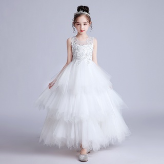 女童洋裝  4-14 歲女孩婚禮派對禮服 公主花朵裙 夏季兒童網紗珠子洋裝 C1280