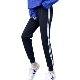 [優質] 韓版新款抽繩鬆束腰運動褲女黑色顯瘦時尚側邊條紋拼接窄管運動褲學生跑步休閒束口褲