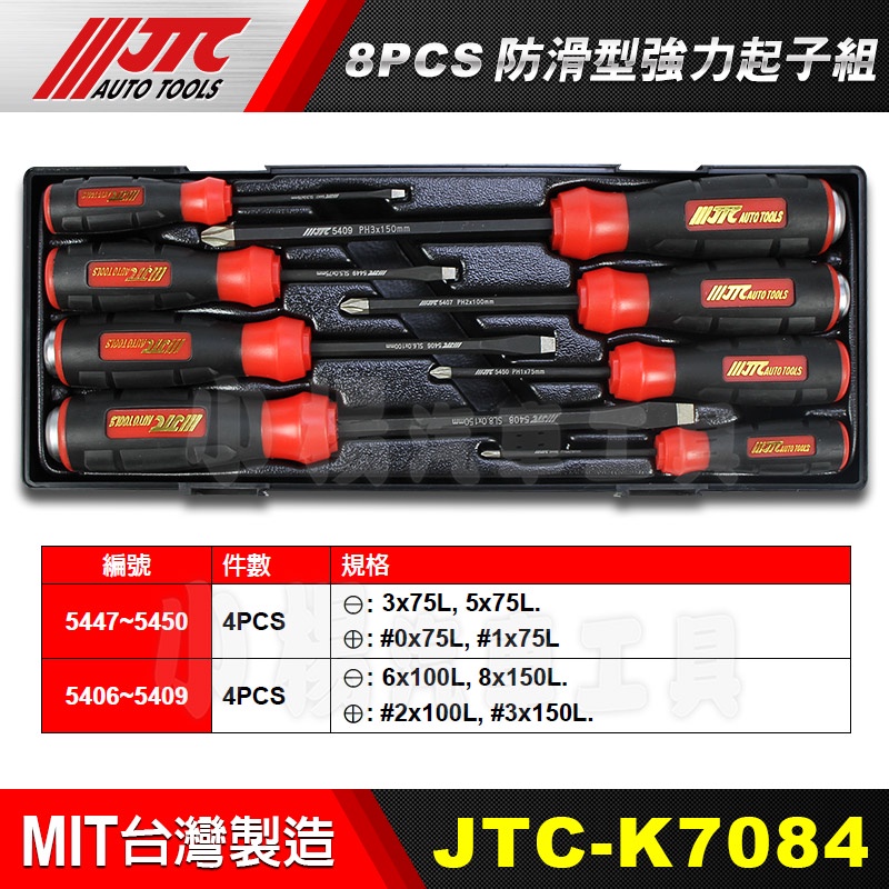 【小楊汽車工具】JTC K7084 8PCS 防滑型強力起子組 防滑型 貫通 強力起子 一字 十字 起子