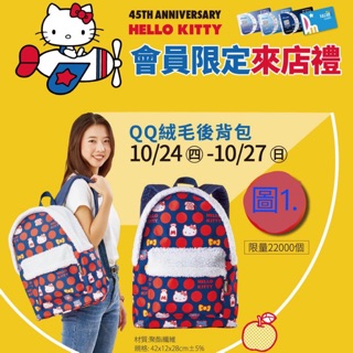 《我愛查理》 夢時代來店禮 Hello kitty 後背包 QQ絨毛後背包 絨毛後背包 後背包 背包 統一百貨 後背包