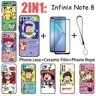 2 合 1 Infinix Note 8 手機殼帶鋼化玻璃陶瓷膜螢幕保護膜可愛人物系列