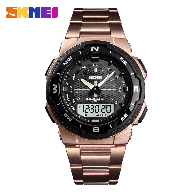 skmei時刻美 1370電子錶 學生戶外運動玫瑰金鋼錶帶雙顯防水手錶