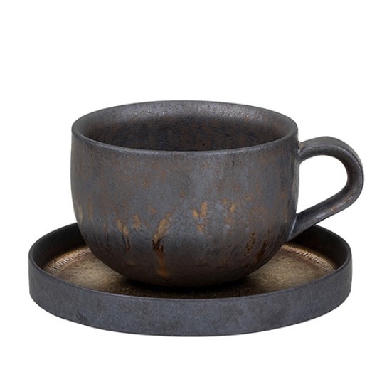 【澄韻堂】台灣宜龍、免運、優惠-黑鐵釉缽本咖啡杯碟-1杯1盤(280ML),手工燒制,富含鐵礦釉, 鐵離子讓茶湯甘醇