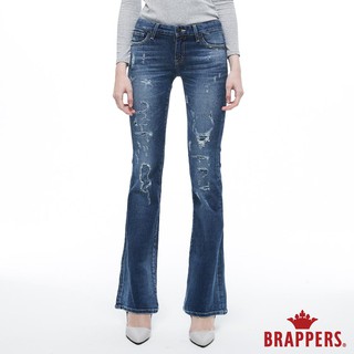 BRAPPERS 女款 新美腳ROYAL系列-中低腰彈性磨破褲丁喇叭褲-藍