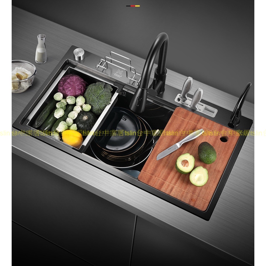 tslin德國洗菜盆304不銹鋼水槽單槽 廚房納米洗菜池階梯洗碗槽黑色水盆