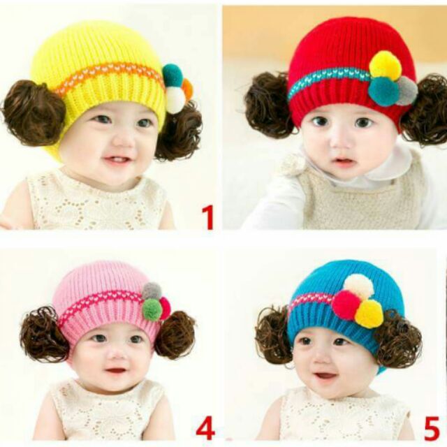 全新 女寶寶 兒童 針織毛線 彩色毛球 超可愛 假髮帽 套頭帽 質料好 粉紅色/黃色/紅色/玫紅色/藍綠色 5色 ✿