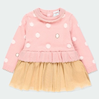 BOBOLI/秋冬優惠/女童粉色針織洋裝 點點金色薄紗洋裝 甜美氣質長袖洋裝 過年洋裝105186