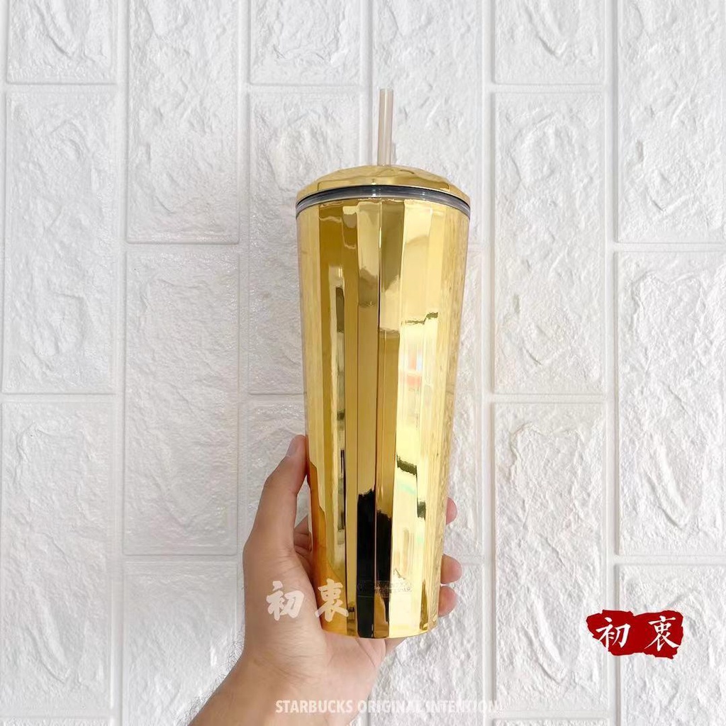✓✠✿星巴克50週年杯子2021時尚亮面金色款塑膠吸管杯大容量便攜喝水杯