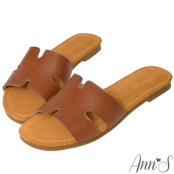Ann’S水洗牛皮-復古真皮擦色鏤空平底涼鞋-棕