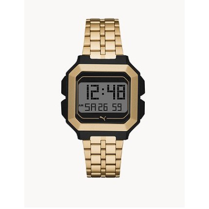 【PUMA】100% ORIGINAL REMIX 液晶數字鋼手鍊運動時尚手錶（金色*1）- P5016