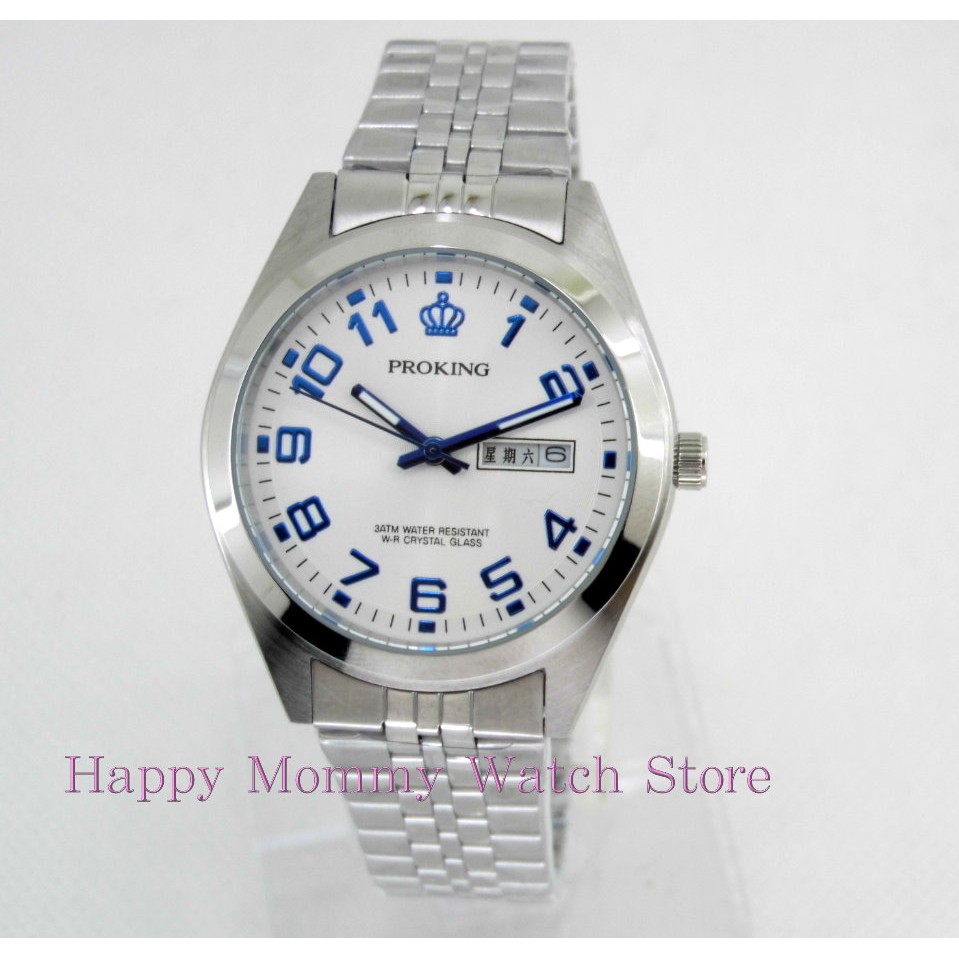 【 幸福媽咪 】PROKING 皇冠 日期/星期 防水不鏽鋼 石英男錶 白面藍字 36mm 型號:4004