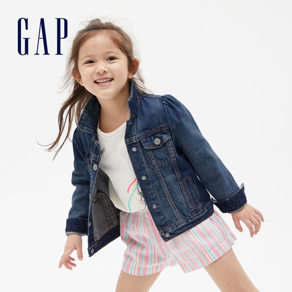 Gap 女幼童裝 Gap x Disney迪士尼聯名 米妮棉質舒適翻領牛仔外套-中度靛藍(519661)