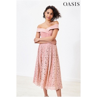 全新 露肩禮服 蕾絲洋裝 OASIS 腮紅粉蕾絲禮服洋裝，UK8, S/M