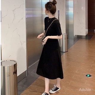 【AISH】韓版修身顯瘦連衣裙女 寬鬆短袖黑色洋裝 【現貨】夏季新款裙子學生潮