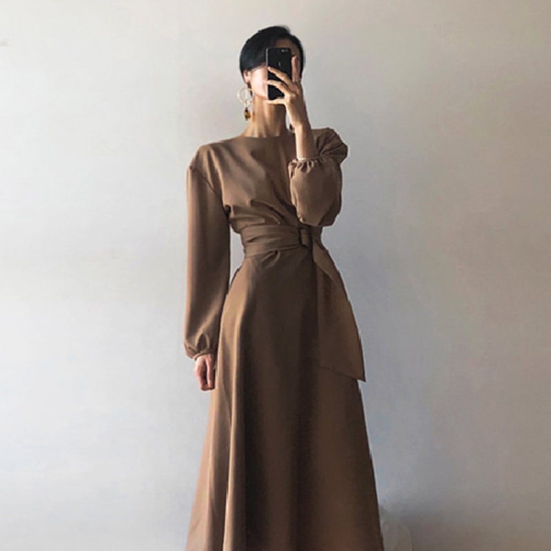 （全新）韓國chic極簡主義 小眾復古奧黛麗赫本風格 純色 收腰 顯瘦 過膝 長款 連身裙款 氣質 洋裝