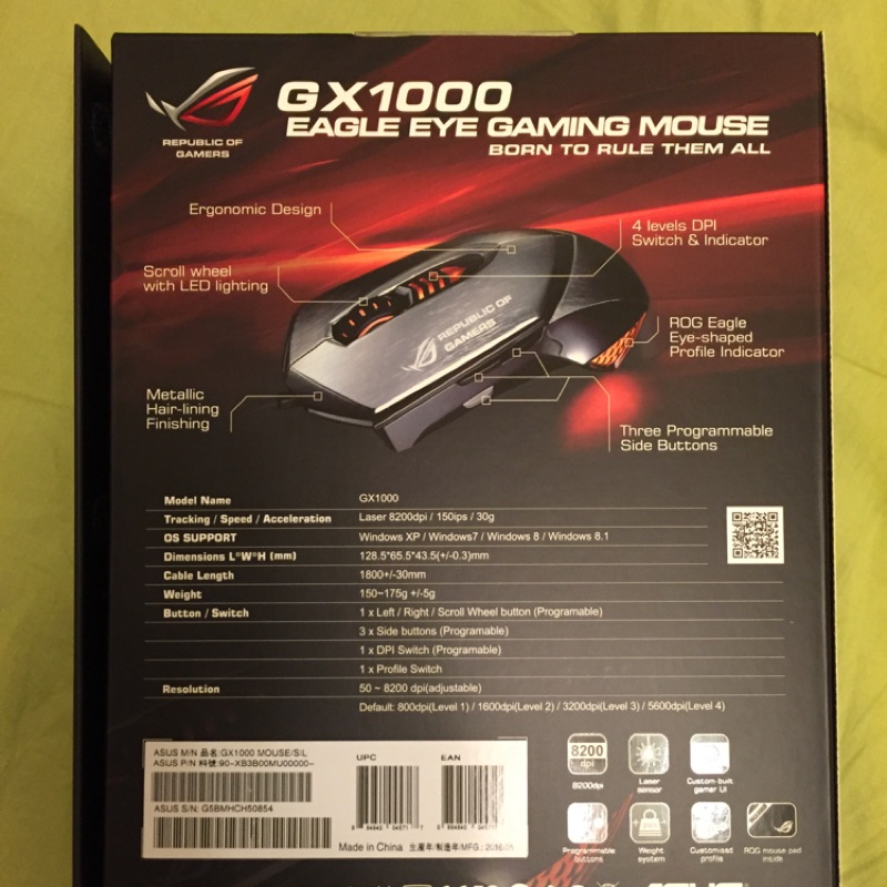 全新ASUS GX1000 Eagle eye ROG銀色鷹眼電競滑鼠