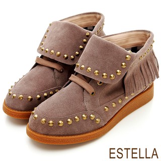 estella-全真皮鉚釘反摺流蘇短靴-灰